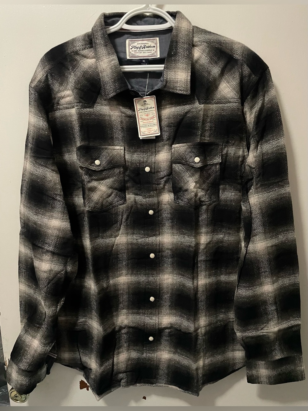 Flag & Anthem Mens Black White Western Button Up Plaid Shirt Snap Button Size XL